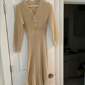SHEIN Cream Ribbed Long Sleeve Dress
